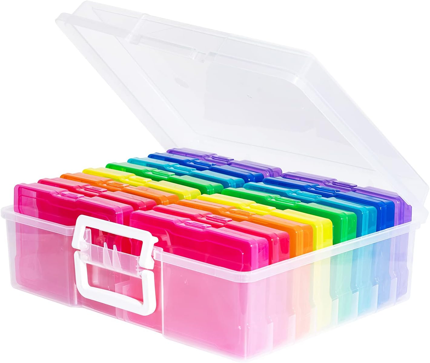 novelinks Transparent 4 x 6 Photo Cases and Clear Craft Keeper with Handle. 16 Inner Photo Organizers & Photo Storage Box. Plastic Photo Storage Containers (Multi-colored)