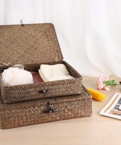 Alternative view of Hipiwe Set of 2 Flat Woven Wicker Storage Bins with Lid Natural Seagrass Basket Multipurpose Home Boxes for Shelf Organizer (Coffee)