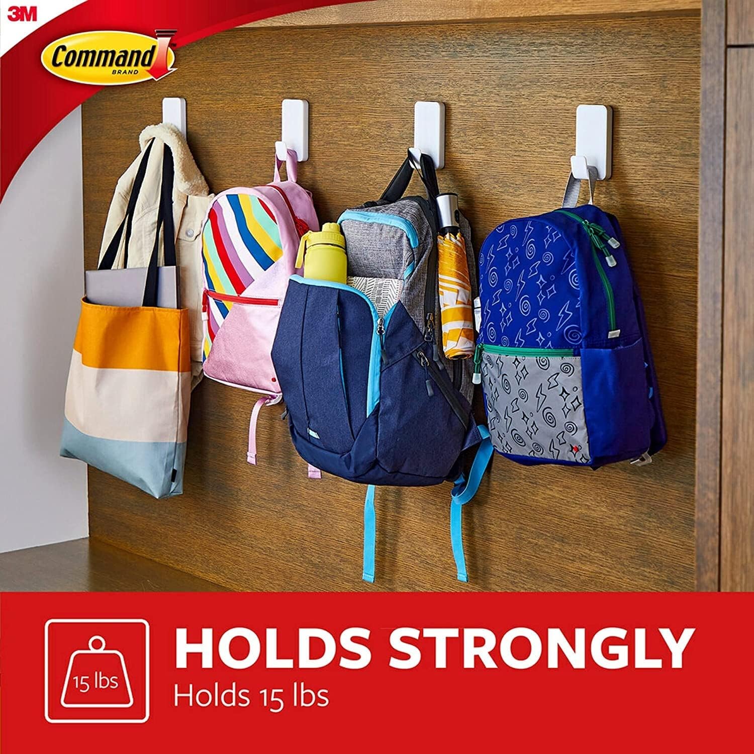 Command 15 Lb XL Heavyweight Wall Hook. Damage Free Hanging Wall Hook with Adhesive Strips. Heavy Duty Single Wall Hook for Hanging Back to School Organizers. 2 White Hooks and 8 Strips - Image 6